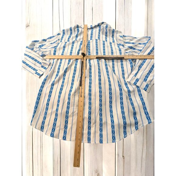 Striped Button-Up Shirt 3X Blue & White Geometric Print Long Sleeve Polyester - Picture 2 of 9